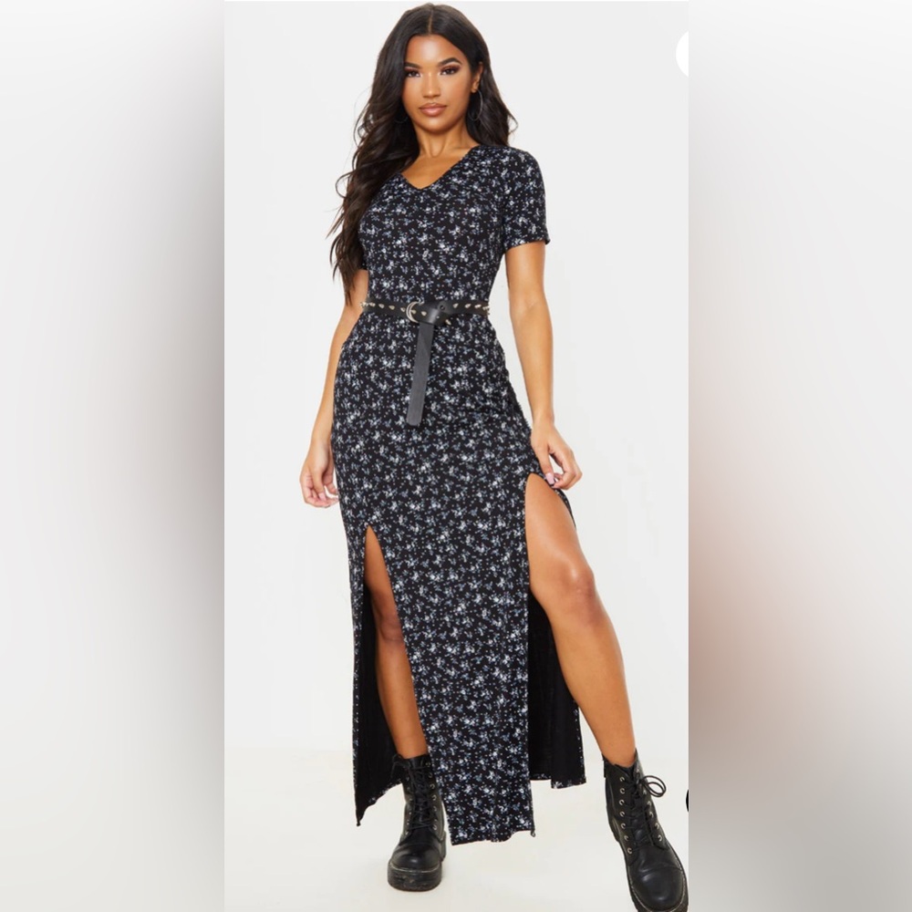 BLACK DITSY FLORAL SPLIT DETAIL MAXI DRESS
